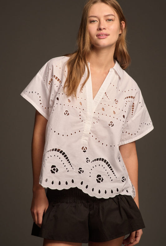 Maeve Short-Sleeve Boxy Eyelet Popover Blouse