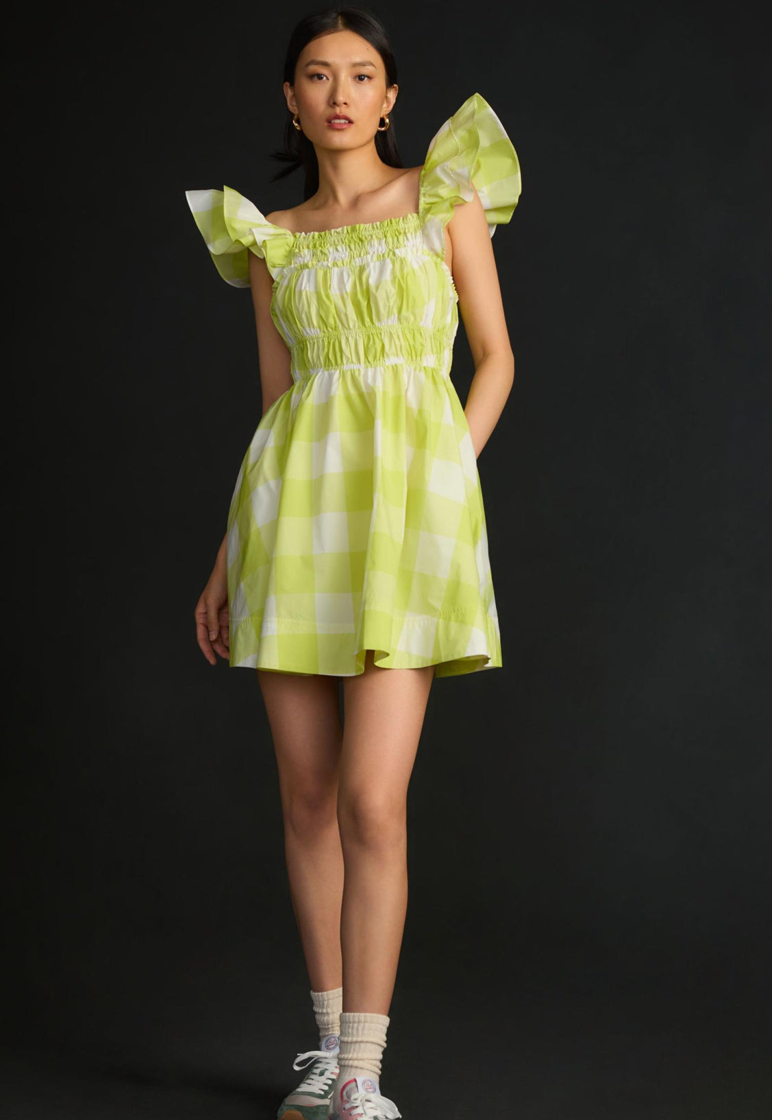 Maeve Square-Neck Flutter-Sleeve Shirred Dress