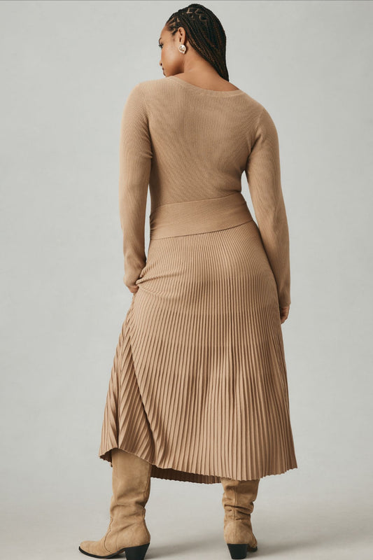 By Anthropologie Slim Knit Long-Sleeve Ruched-Waist Pleated Midi Dress