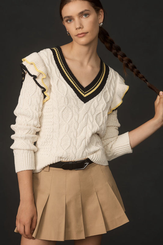 Maeve Ruffle V-Neck Cable Sweater