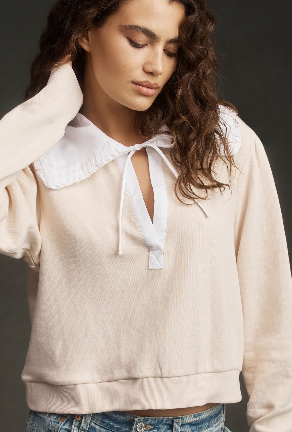 By Anthropologie Poplin-Collar V-Neck Sweatshirt