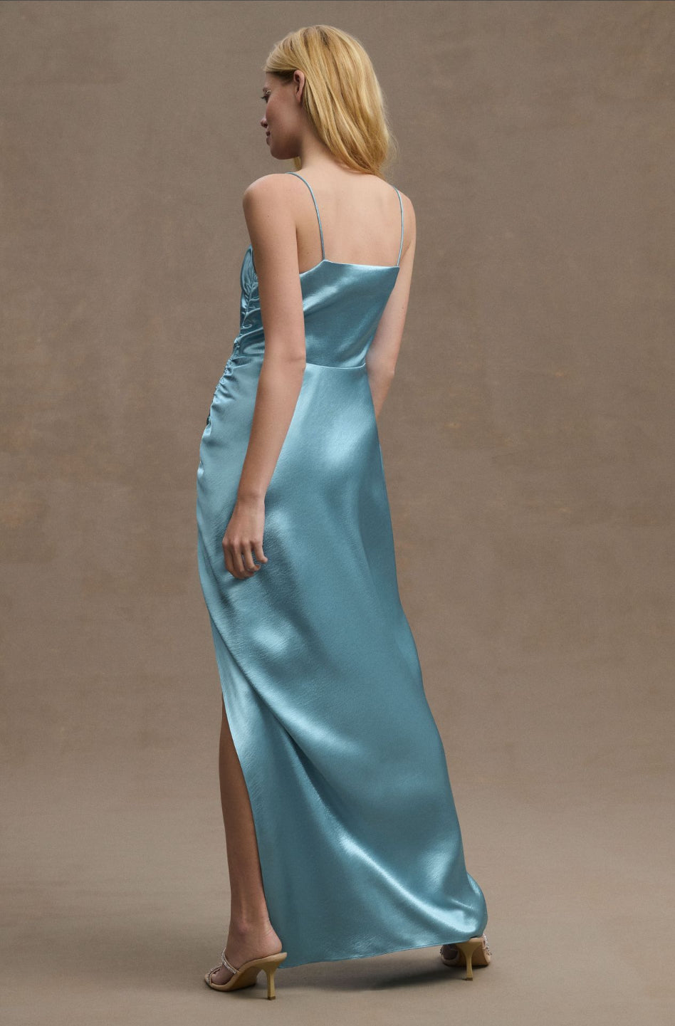 Sachin & Babi Jennings Ruched Hammered Satin Side-Slit Gown