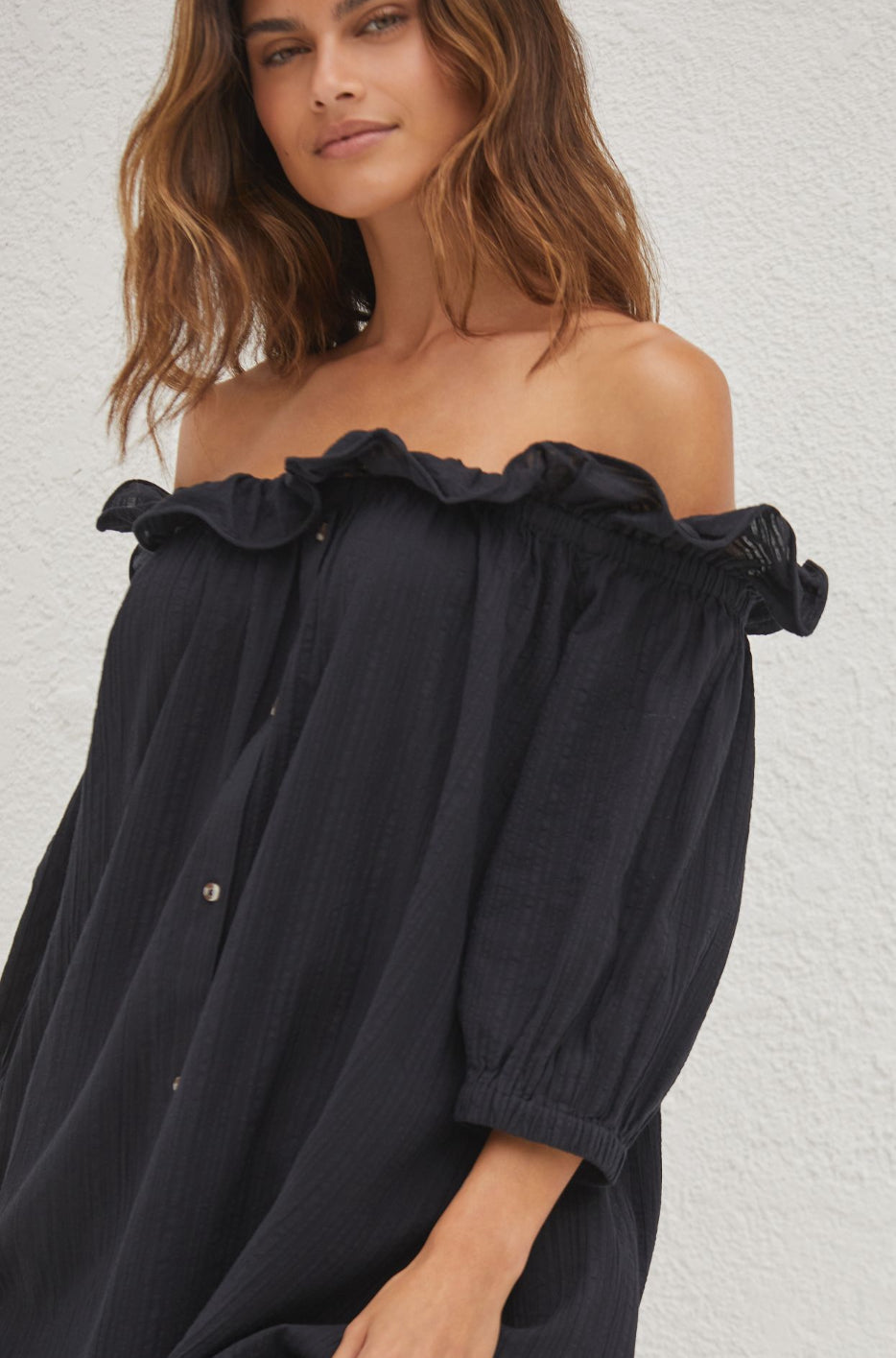 By Anthropologie Ruffle Off-The-Shoulder Gauze Dress