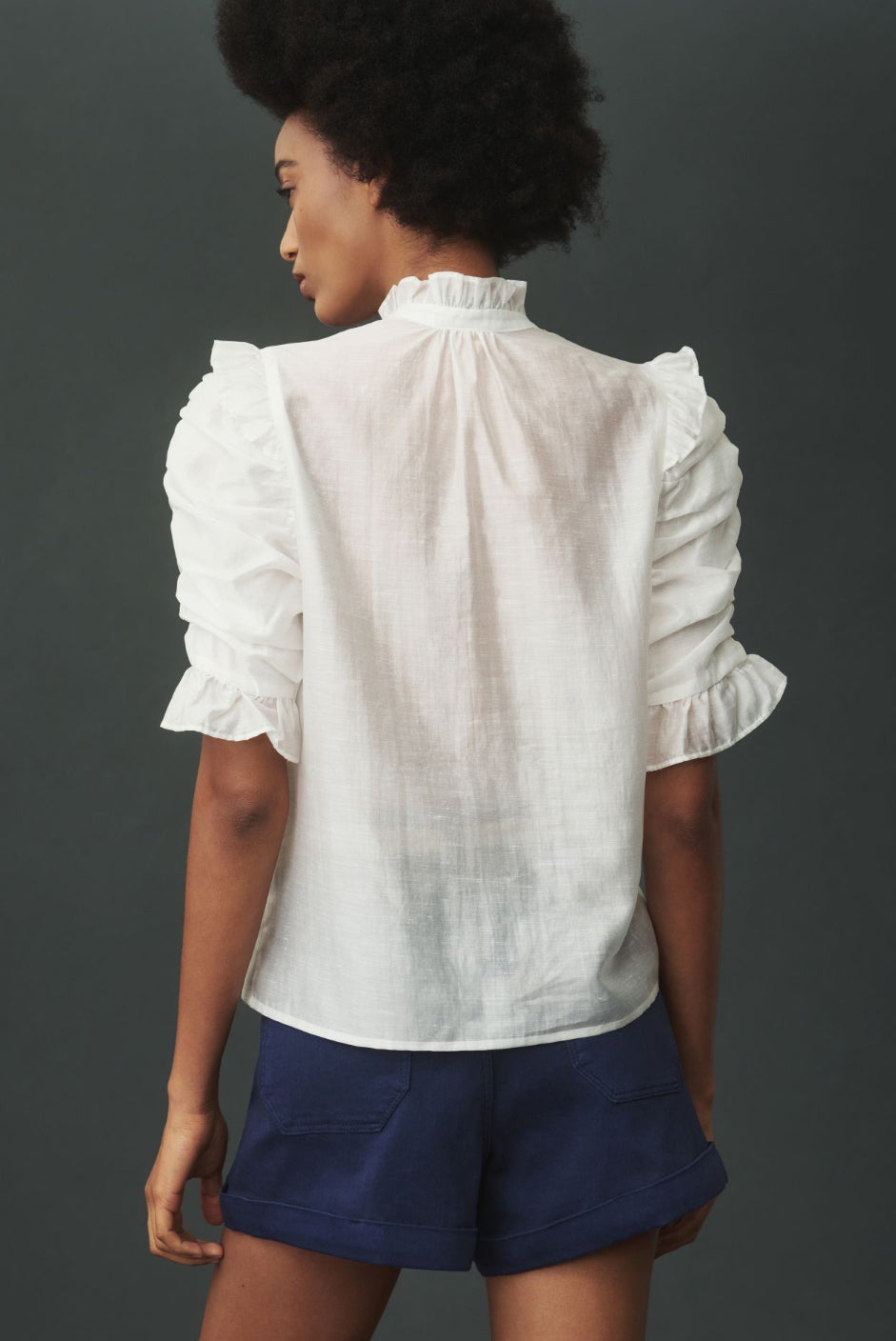 Sunday in Brooklyn Short-Sleeve Ruffle-Front Buttondown Shirt