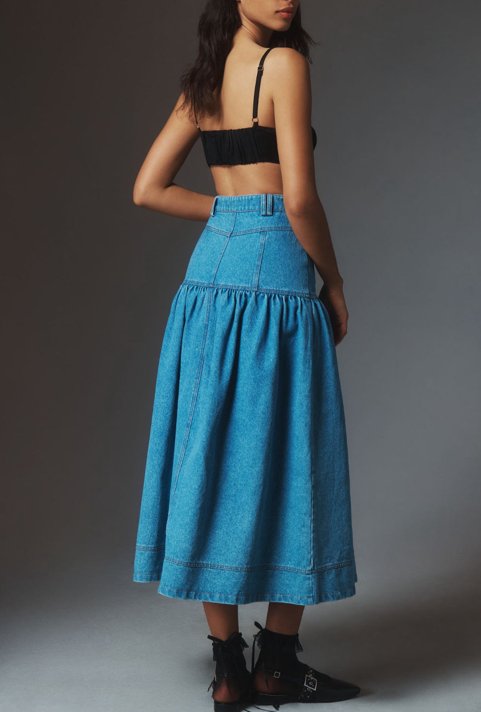 Moon River Basque-Waist Denim Midi Skirt