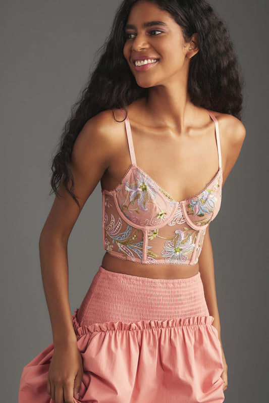 By Anthropologie Embroidered Mesh Corset Top