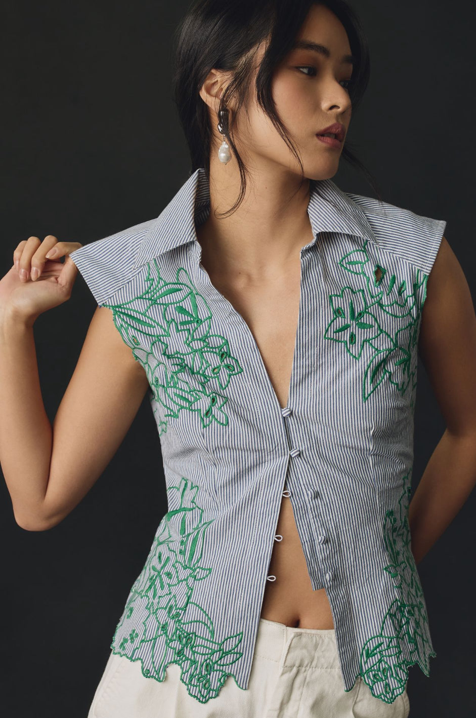 Maeve Sleeveless Floral Embroidered Buttondown Blouse