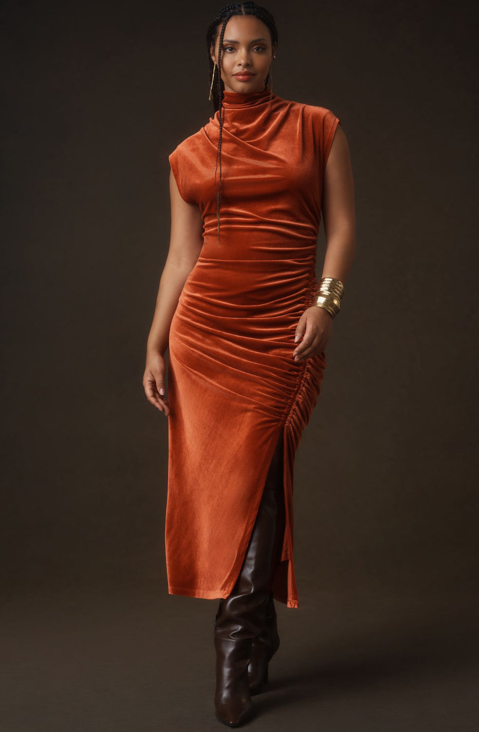 The Maya Ruched Cowl-Neck Dress: Stretch Velvet Edition