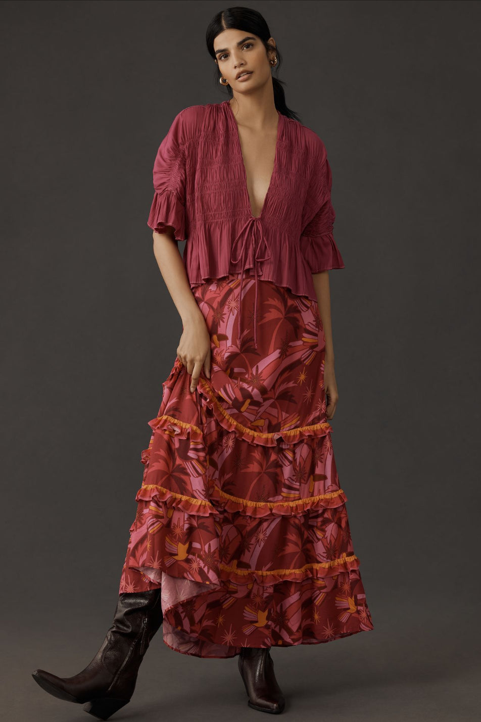 Farm Rio Shirred Tiered Maxi Skirt