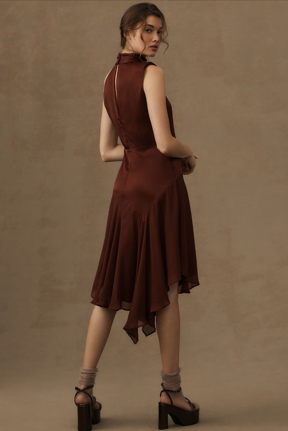 By Anthropologie Mock-Neck Asymmetrical Draped Midi Dress