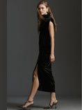 Load image into Gallery viewer, The Maya Ruched Cowl-Neck Dress: Stretch Velvet Edition
