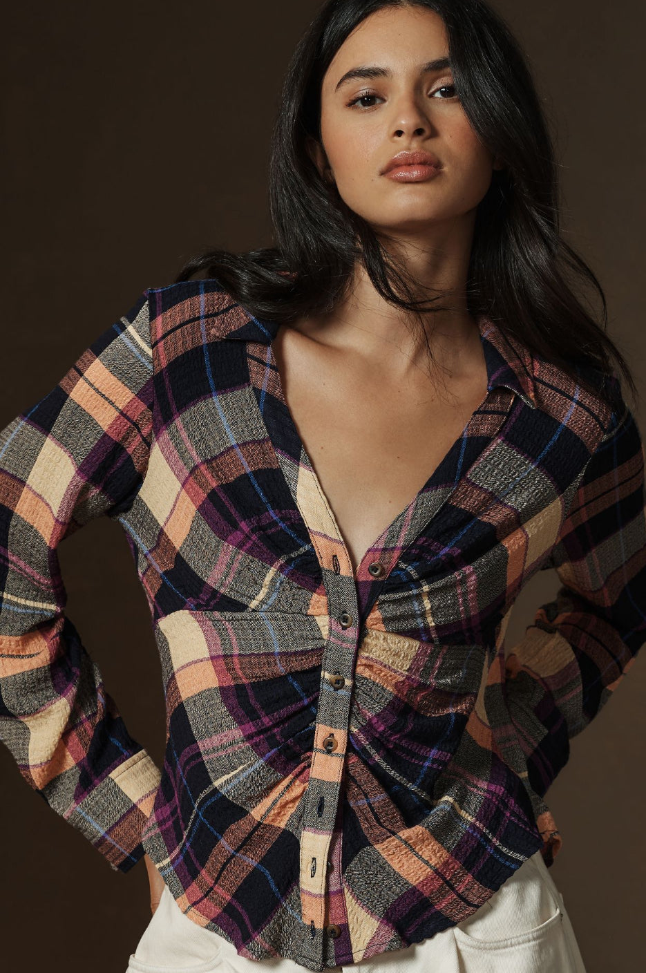 Pilcro Ruched Deep-V Plaid Buttondown