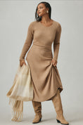 Load image into Gallery viewer, By Anthropologie Slim Knit Long-Sleeve Ruched-Waist Pleated Midi Dress
