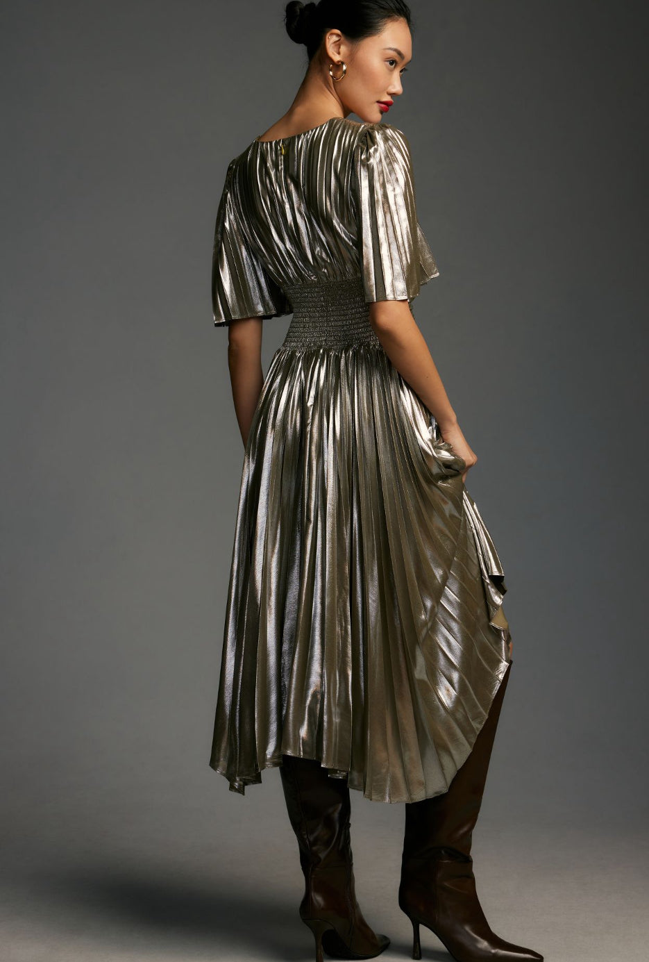 By Anthropologie Short-Sleeve Metallic Cutout Midi Dress