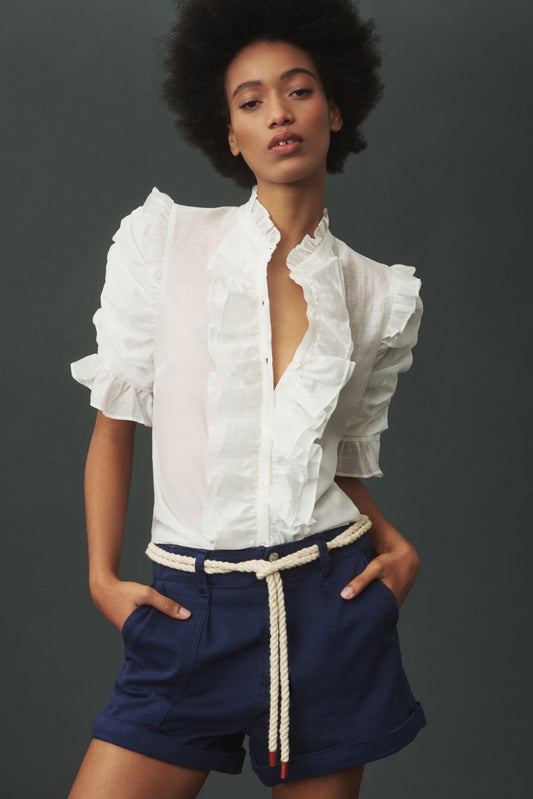 Sunday in Brooklyn Short-Sleeve Ruffle-Front Buttondown Shirt