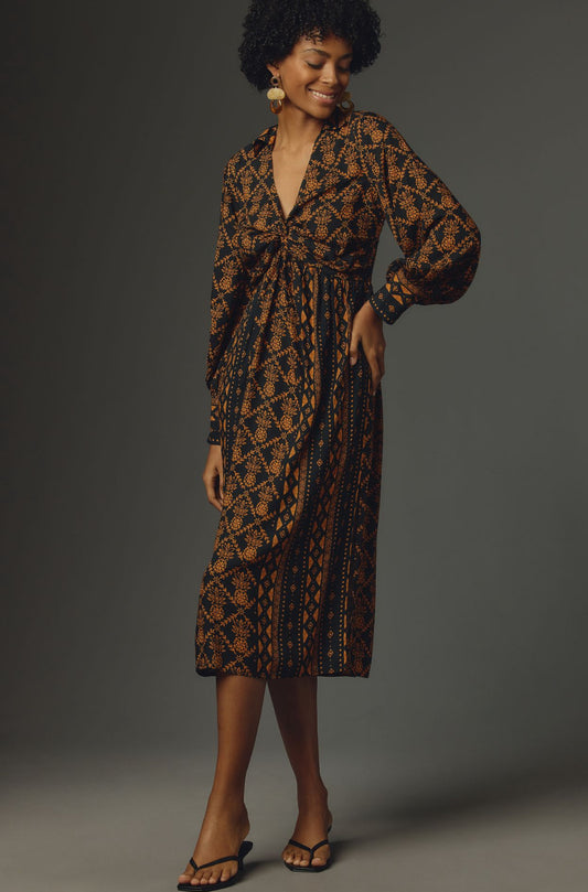 Farm Rio Long-Sleeve V-Neck Printed Tie-Front Midi Dress