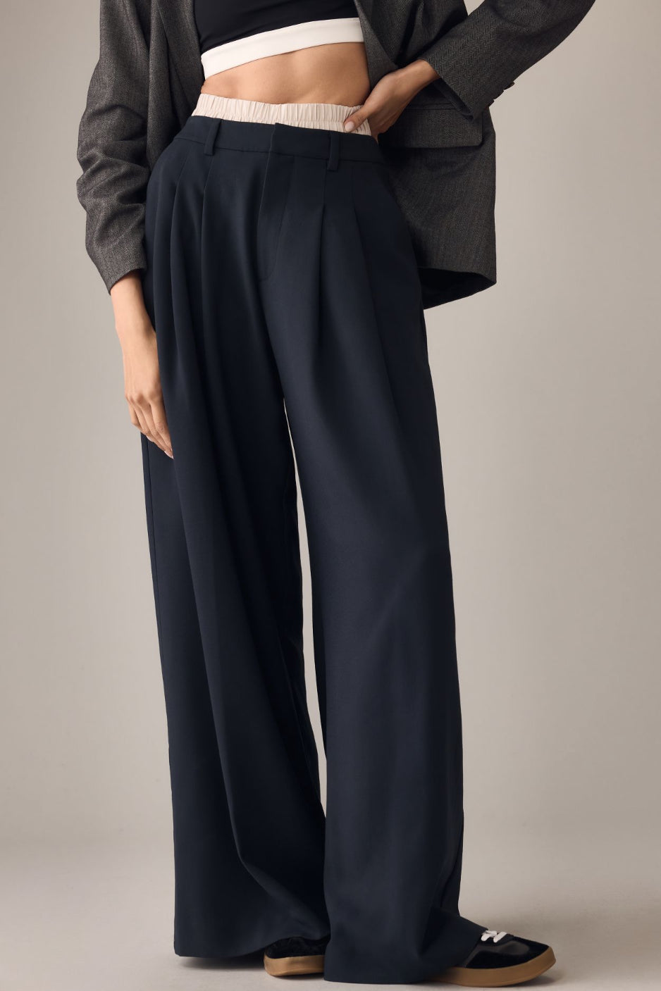 The Avery Pleated Pinstripe Wide-Leg Trousers by Maeve