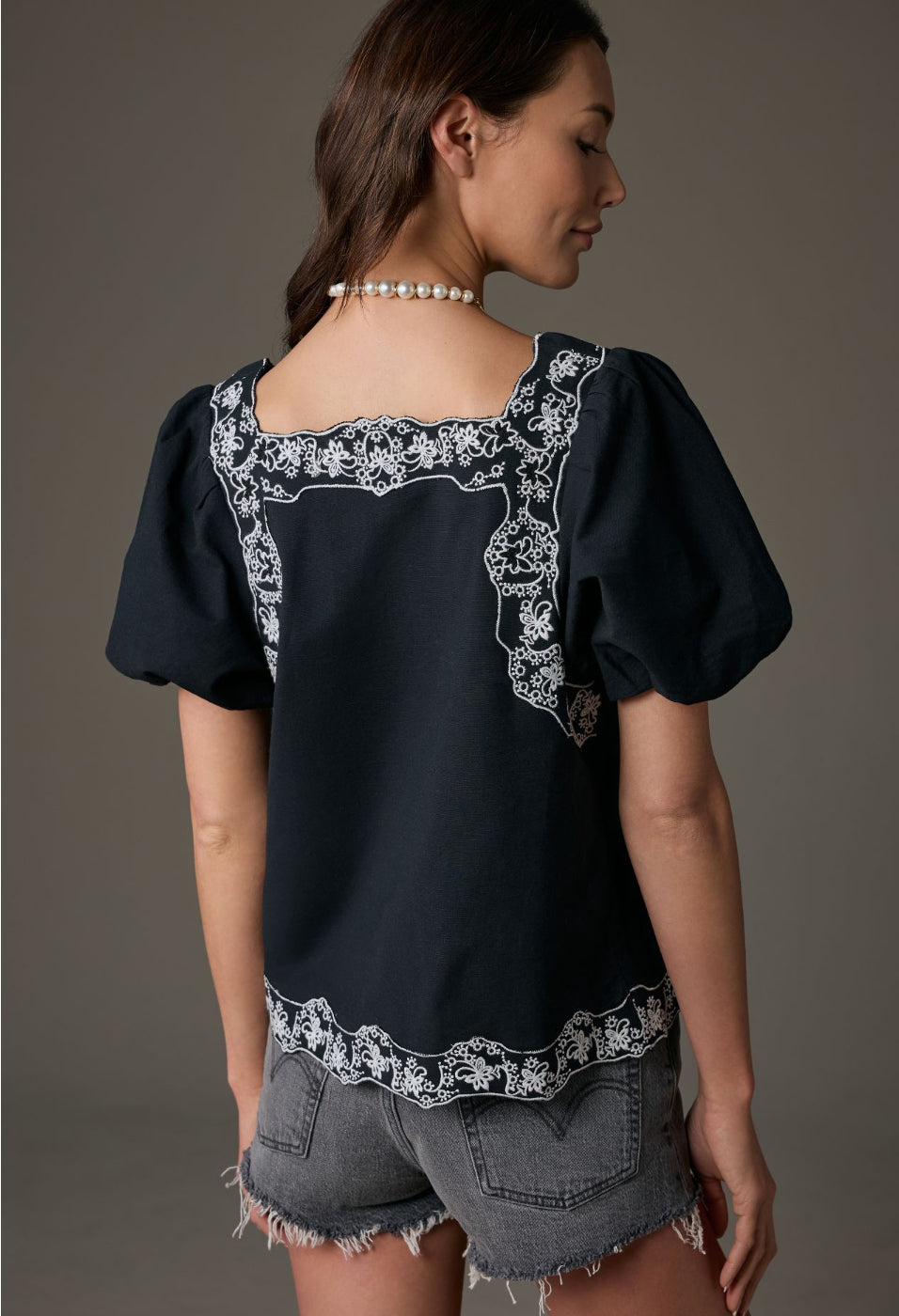 By Anthropologie Short-Sleeve Embroidered Linen Tunic Top