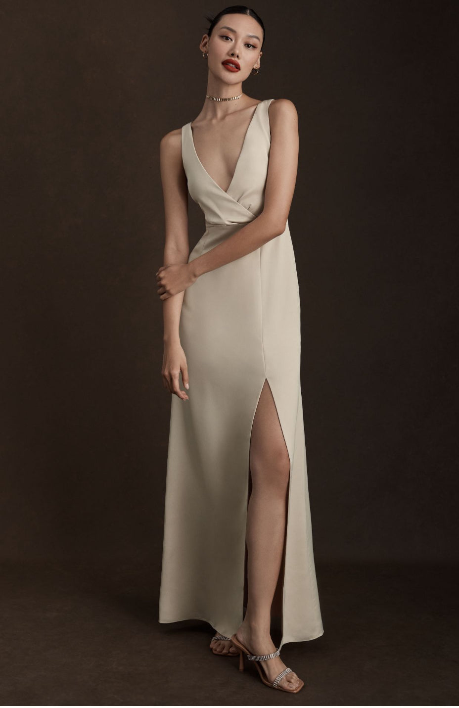 BHLDN Piper V-Neck Side-Slit Satin Gown