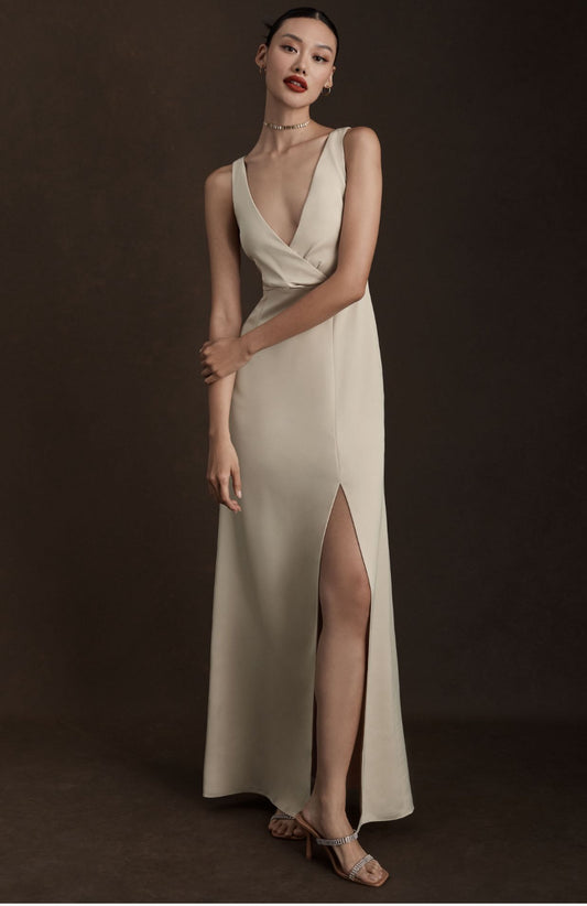 BHLDN Piper V-Neck Side-Slit Satin Gown