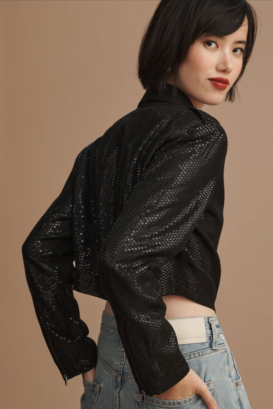 By Anthropologie Sequin Cropped Moto Biker Jacket