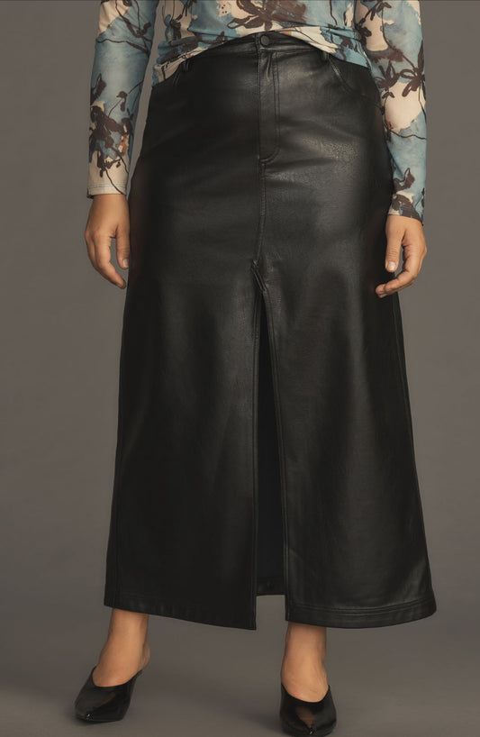 The Madi Faux Leather Front-Slit Denim Skirt by Pilcro