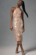 Load image into Gallery viewer, Tanvi Kedia Halter Sequin Mesh Midi Dress
