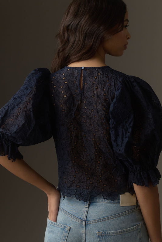 Blue Tassel Sheer Floral Tie-Hem Blouse