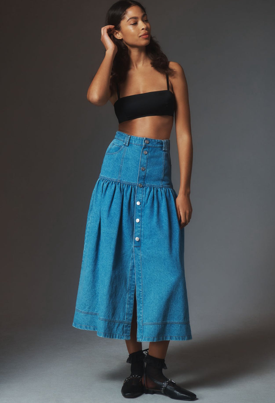 Moon River Basque-Waist Denim Midi Skirt