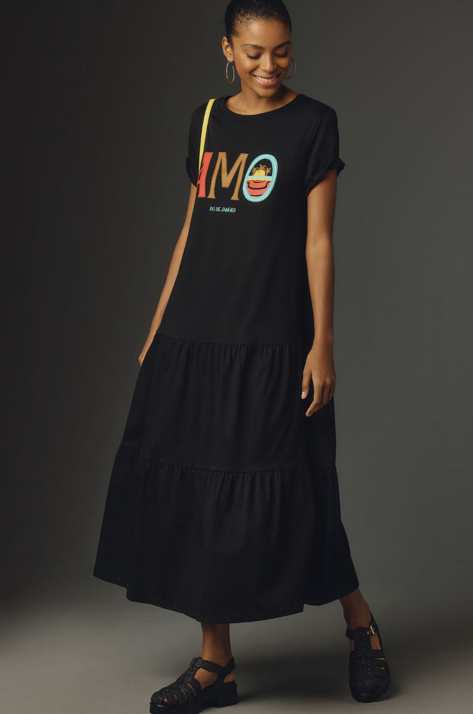 Farm Rio Short-Sleeve Tiered T-Shirt Midi Dress