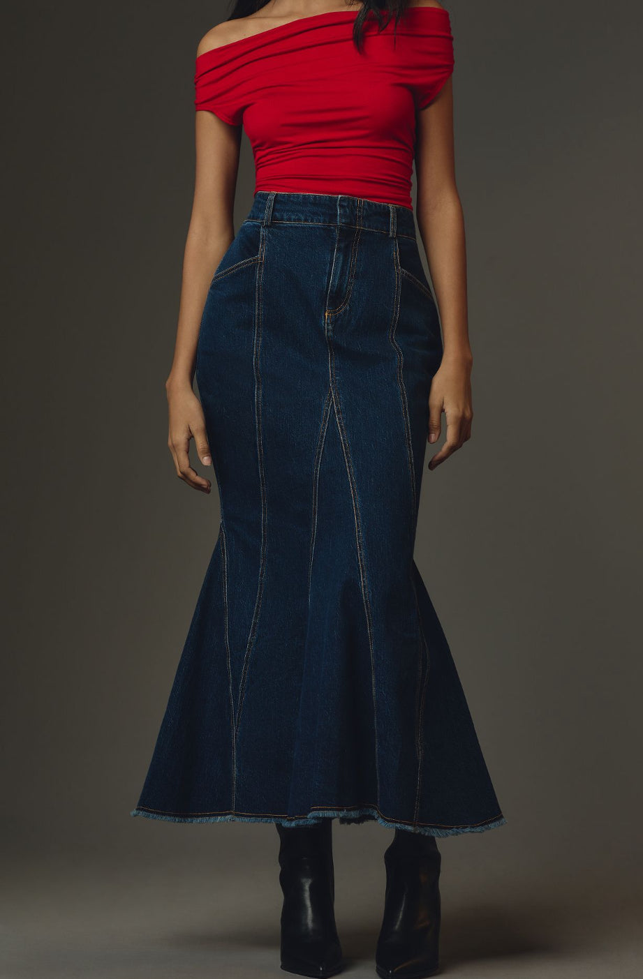 Pilcro Fluted Denim Maxi Skirt