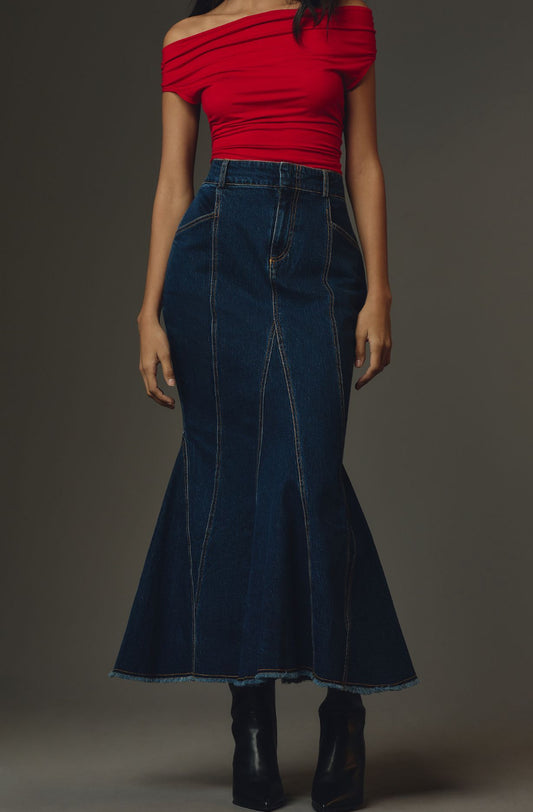 Pilcro Fluted Denim Maxi Skirt