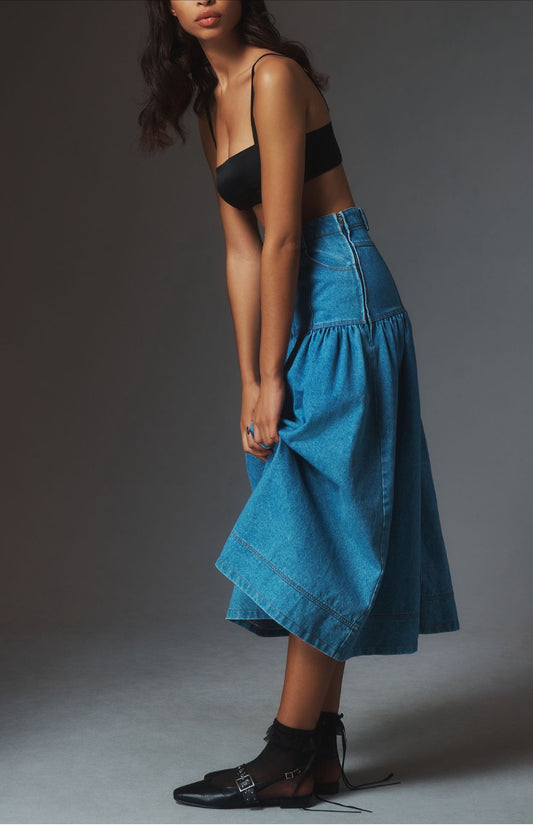 Moon River Basque-Waist Denim Midi Skirt