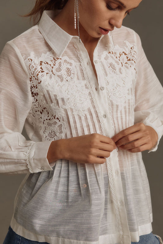 Ranna Gill Long-Sleeve Lace Pintuck Shirt