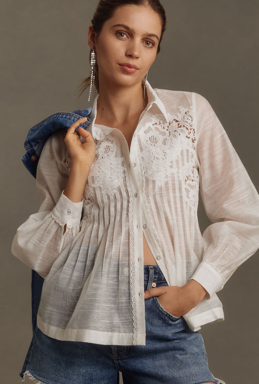 Ranna Gill Long-Sleeve Lace Pintuck Shirt