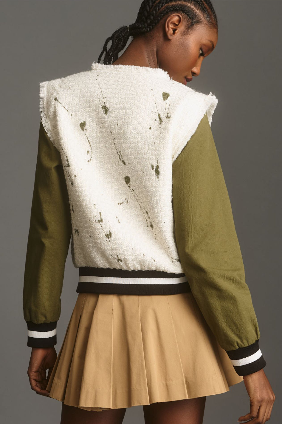 By Anthropologie Paint Splatter Tweed Bomber Jacket