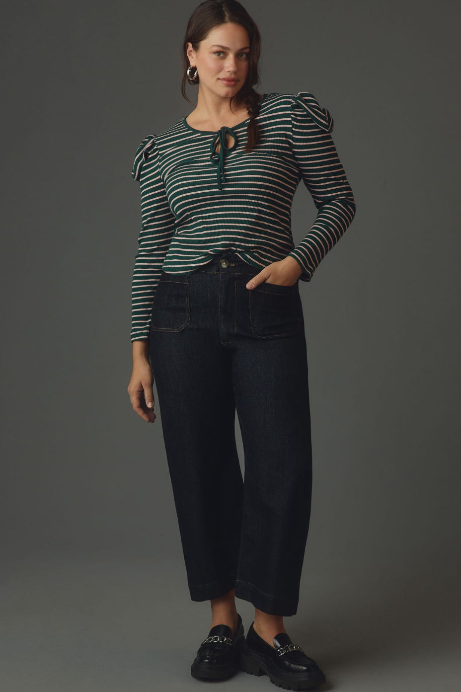 Porridge Puff-Sleeve Tie-Front Top