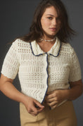 Load image into Gallery viewer, Maeve Short-Sleeve Open-Stitch Polo Cardigan Sweater
