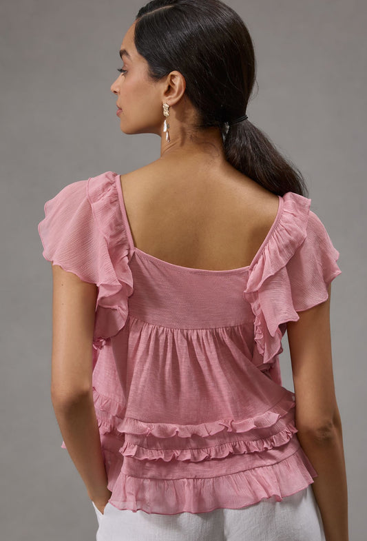 By Anthropologie Ruffled Flutter-Sleeve Top