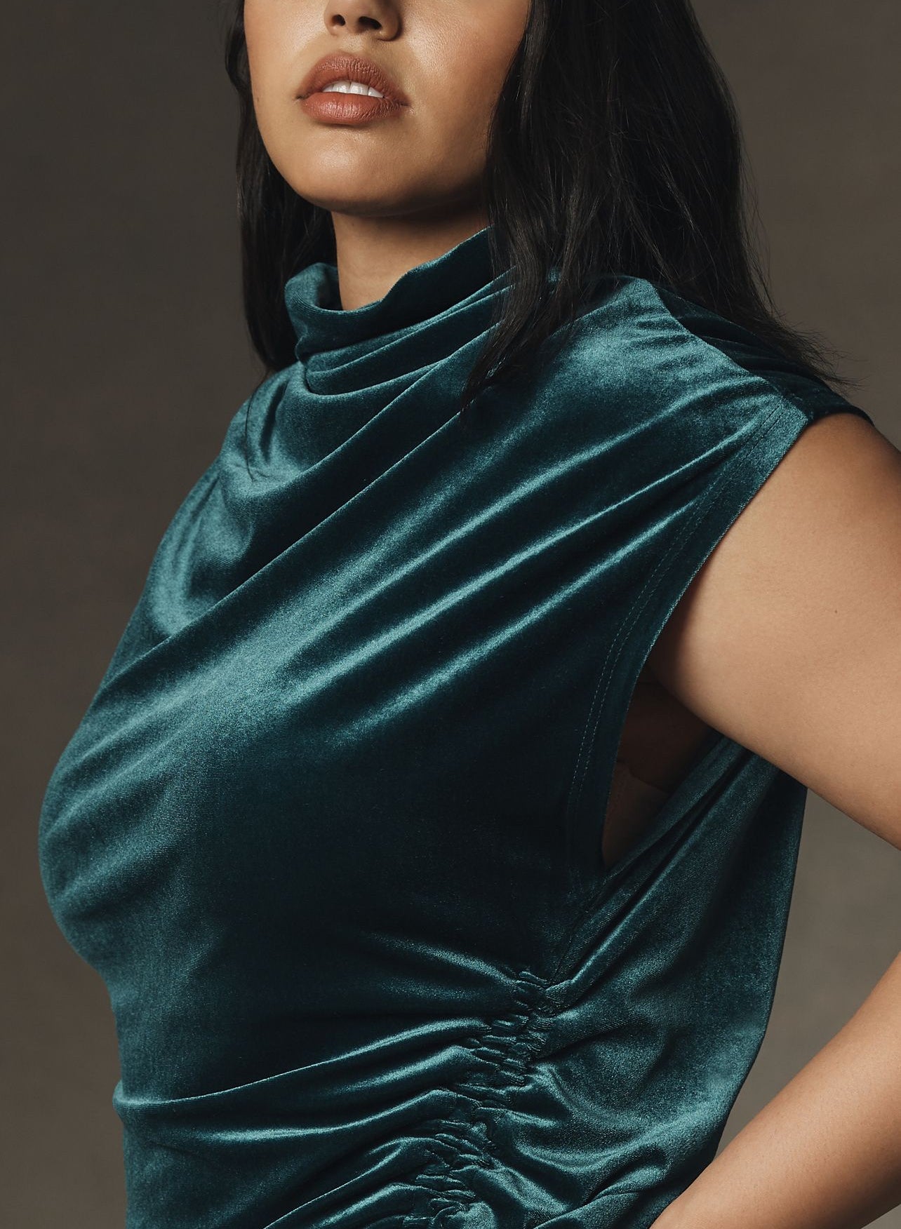 The Maya Ruched Cowl-Neck Dress: Stretch Velvet Edition