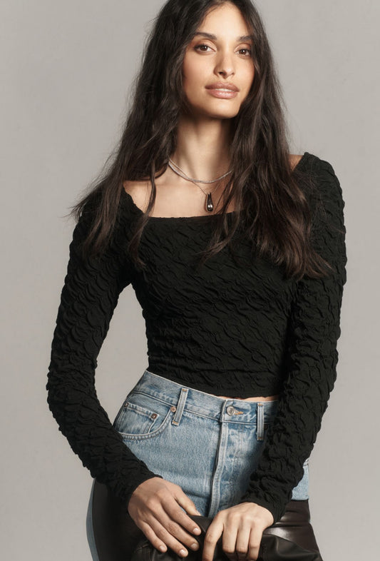 Maeve Long-Sleeve Modern Popcorn Crop Top