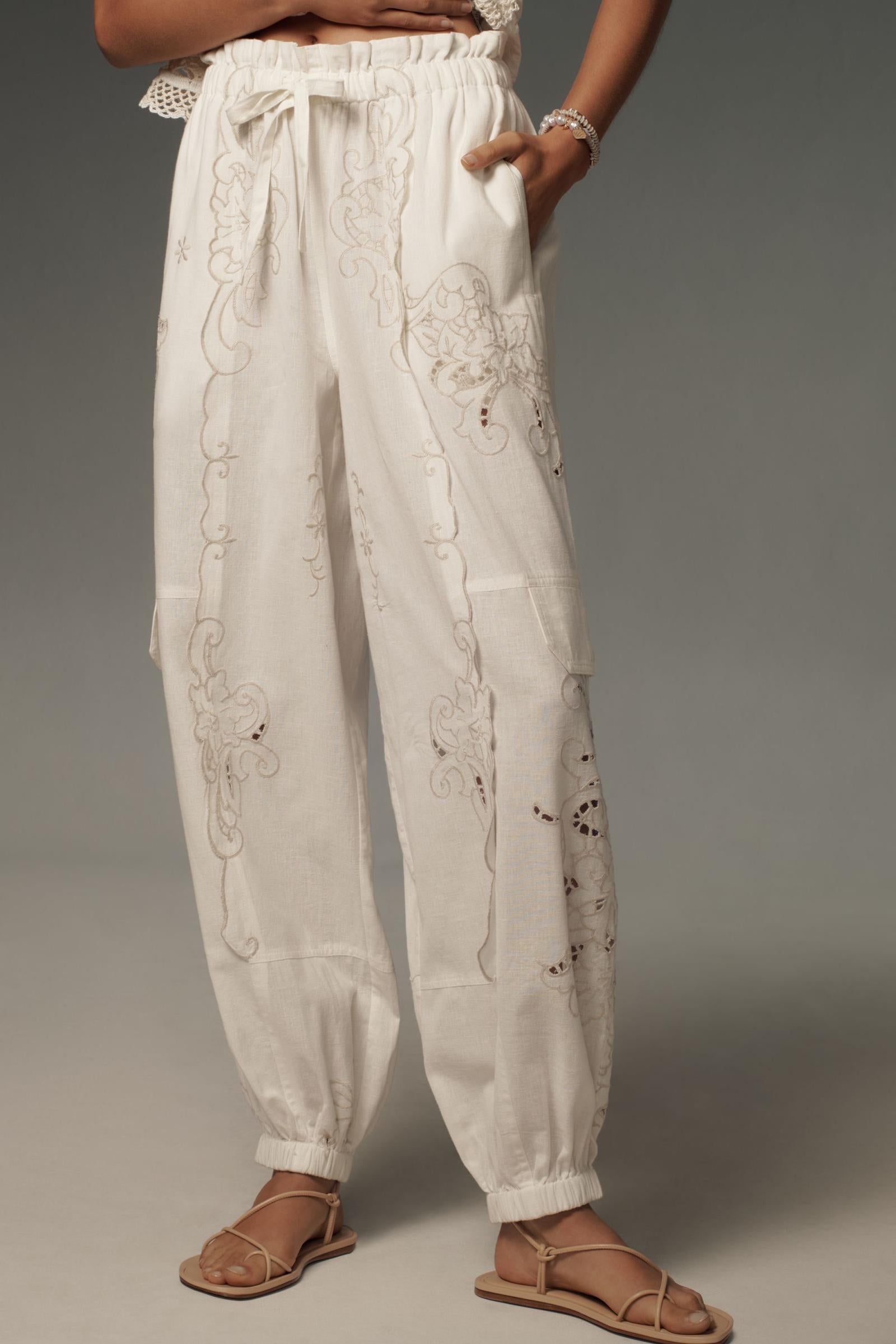 By Anthropologie Embroidered Linen Pull-On Joggers