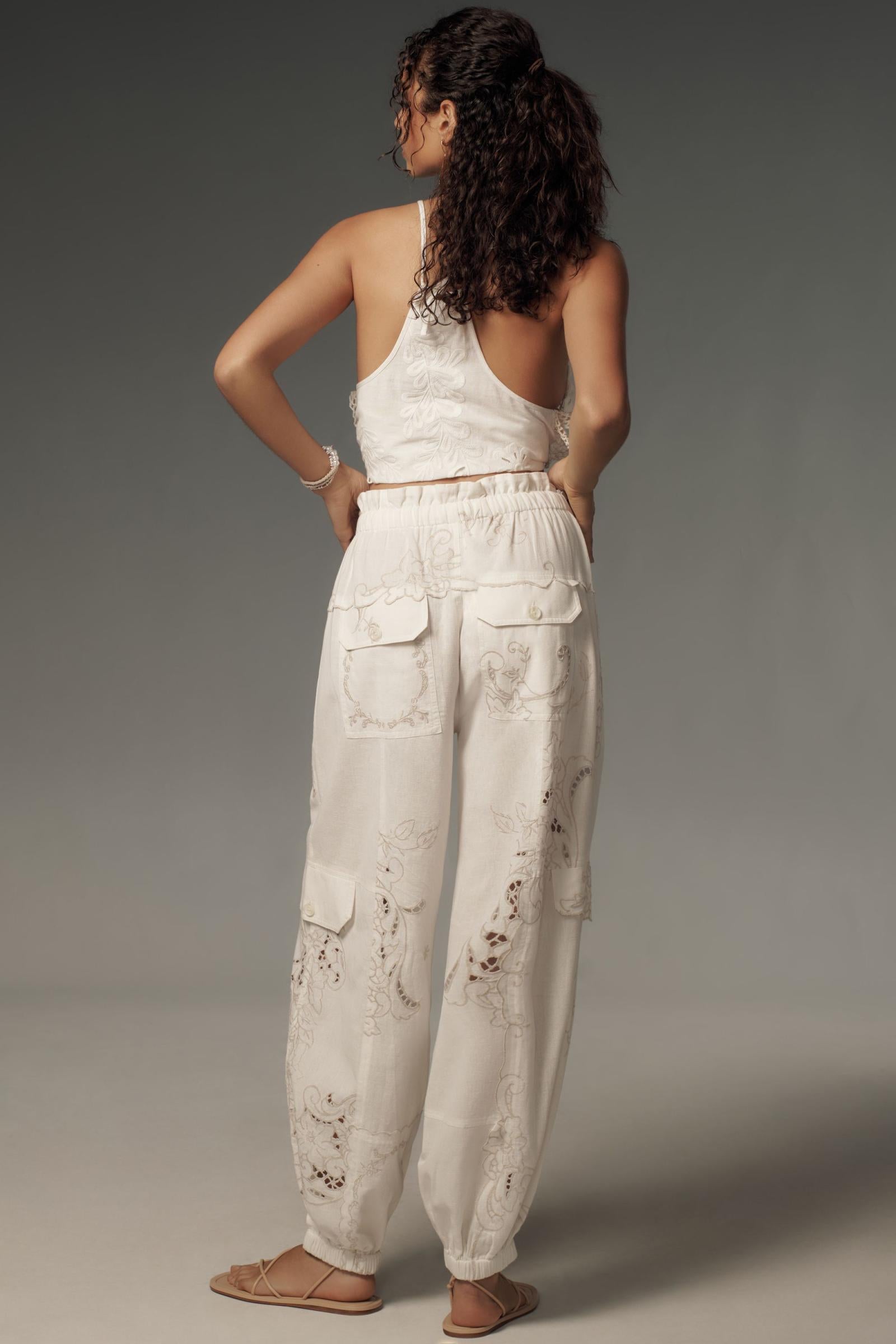 By Anthropologie Embroidered Linen Pull-On Joggers