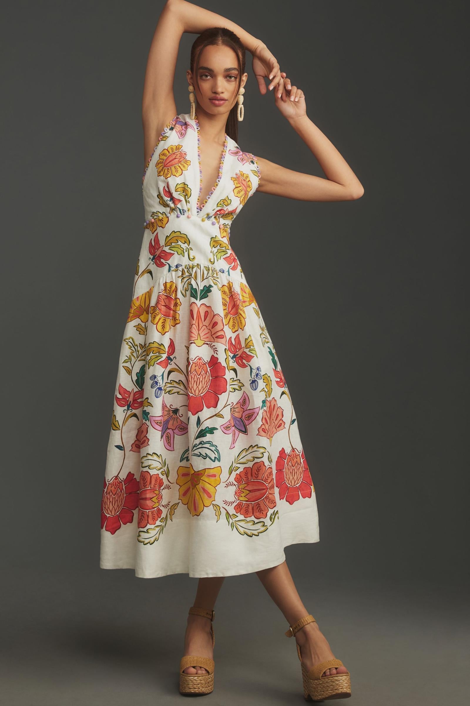 Farm Rio Floral V-Neck Sleeveless Linen Maxi Dress