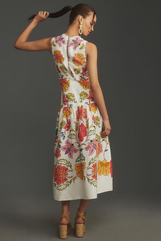 Farm Rio Floral V-Neck Sleeveless Linen Maxi Dress