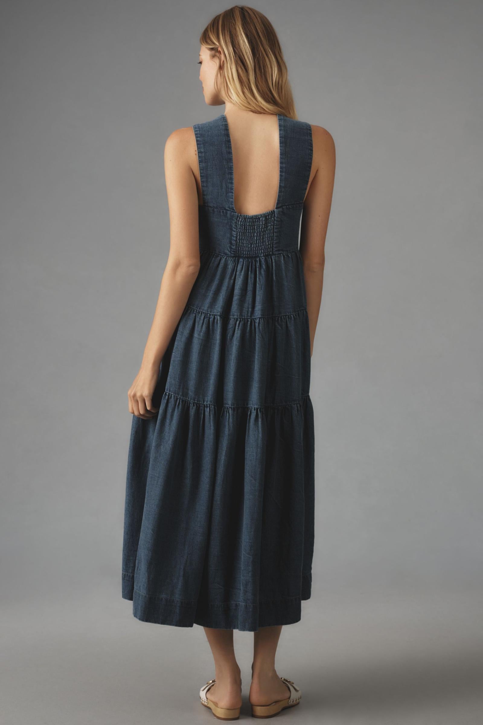 The Helena Square-Neck Tiered Midi Dress: Smocked Denim Edition