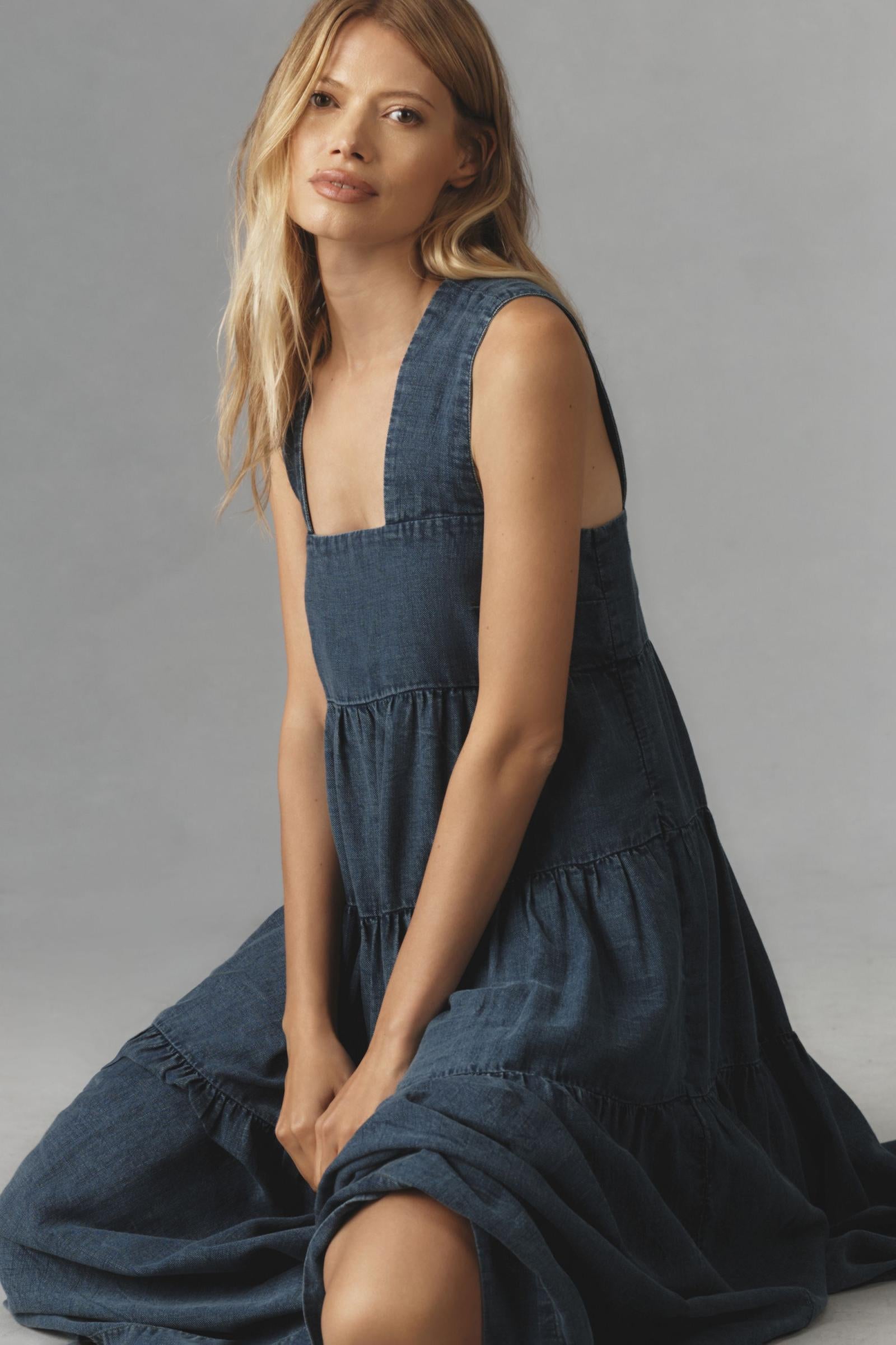 The Helena Square-Neck Tiered Midi Dress: Smocked Denim Edition