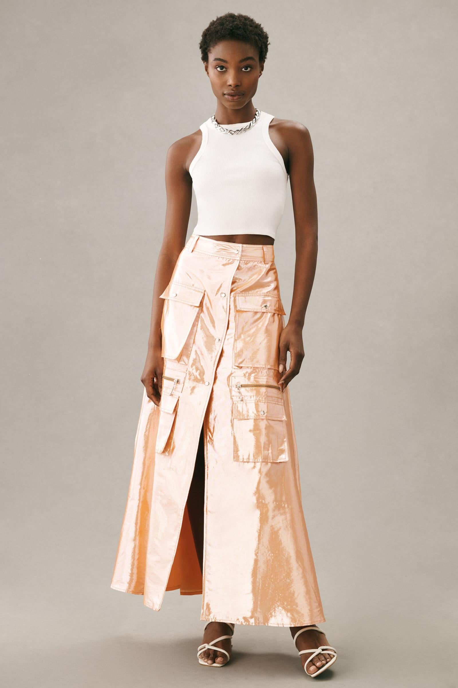 Let Me Be Metallic Cargo Maxi Skirt