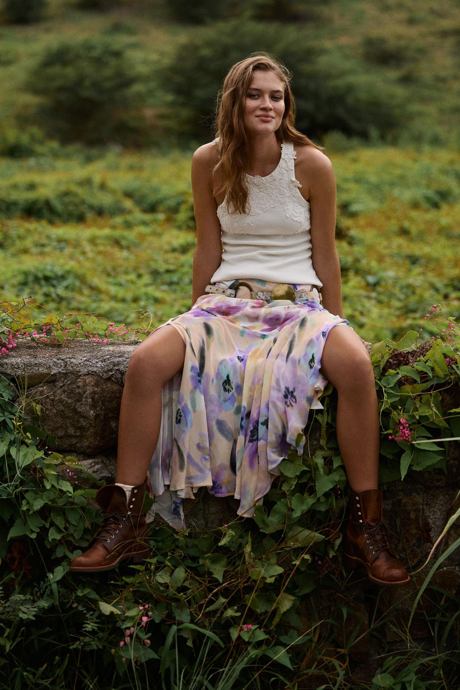 By Anthropologie Asymmetrical Painterly Floral Midi Skirt