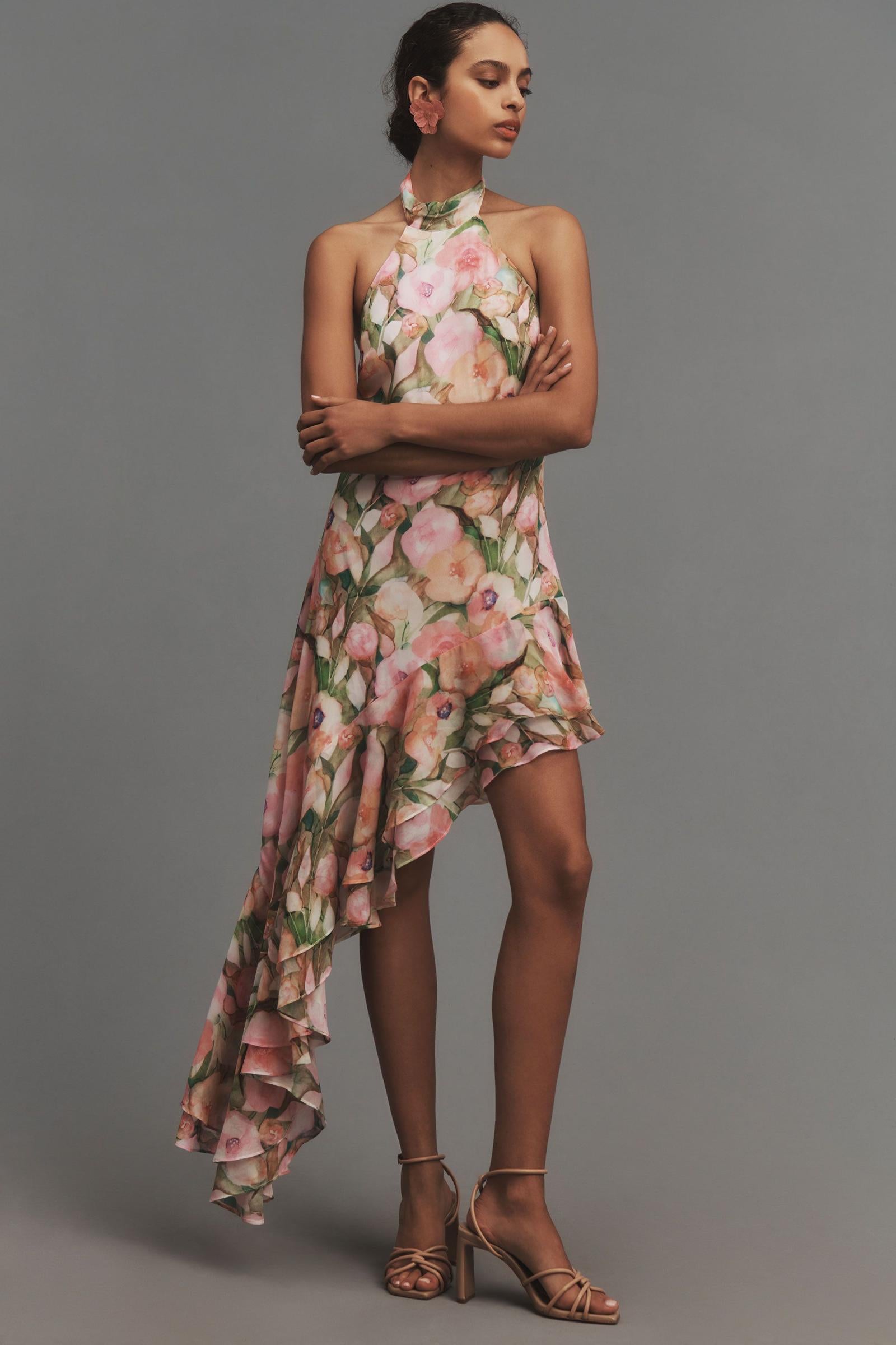 ASTR The Label Asymmetrical Halter Floral Midi Dress